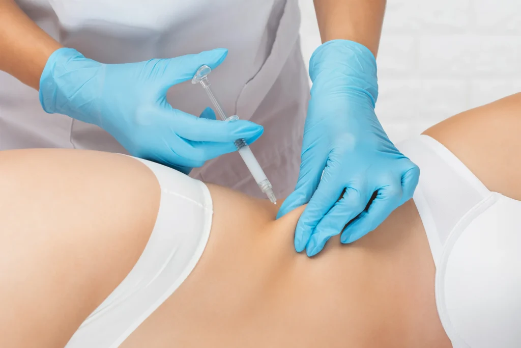 A person receiving a fat dissolving treatment, with a healthcare professional administering the injection in the lower back area.